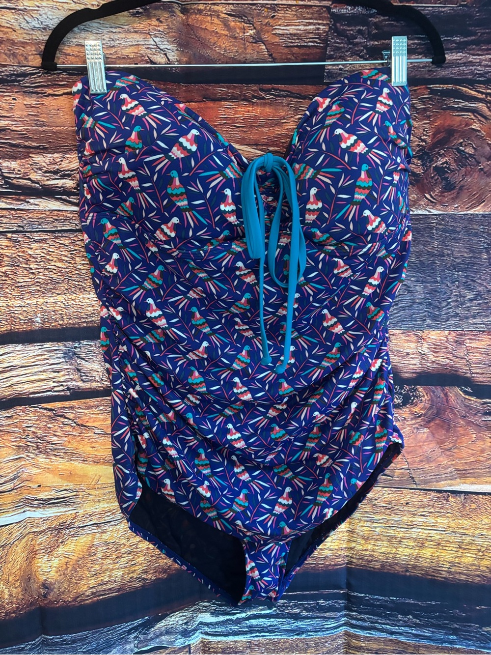 Boden Navy One-Piece Swimsuit with Teal Tie, Straps, and Multicolor Parrot Print